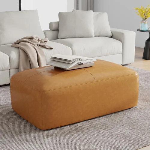 Vista 3 de Otomana rectangular de cuero auténtico, mesa de centro con botones marrones con patas, taburete tapizado para reposapiés para sala de estar