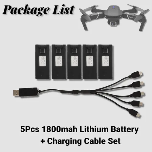 Vista 2 de VINGVO Baterías para drones – Juego de 5 baterías de litio de 3.7 V 1800 mAh, cable de carga, repuesto UAV para E88/E88PRO/E525PRO RC Drone