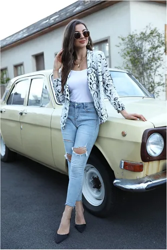Vista 5 de POGTMM - Blazer de manga de 34 para mujer, con parte delantera abierta, chaqueta estilo cárdigan para uso en el trabajo o la oficina