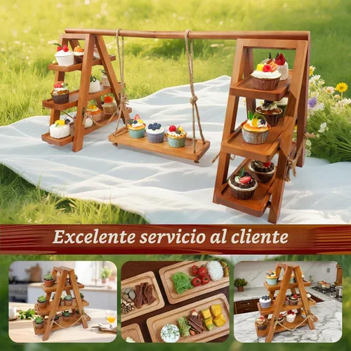 Vista 5 de Tnstbiee Soporte de Cupcake Rústico de 3 Niveles - Soporte de Madera para Pasteles, Postres y Frutas - Bandejas Desmontables y Diseño Plegable