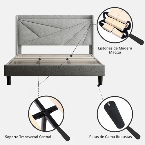 Vista 8 de Feonase Marco de cama King, marco de cama tapizado con puertos tipo C y USB, estante con respaldo de alas, soporte de listones de madera maciza,
