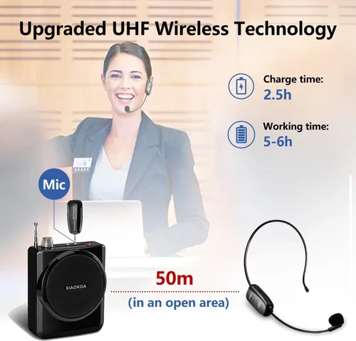 Vista 5 de Auriculares inalámbricos UHF con micrófono: Sistema de micrófono de cabeza inalámbrico, micrófonos con carga USB-C, rango de 164 pies