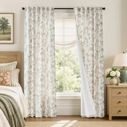 Vista 27 de Lazzzy Cortinas de lino floral verde con bolsillo para barra de granja, 50 Charlotte Verde