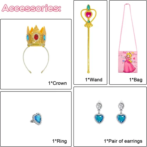 Vista 5 de ADREIT Conjunto de disfraz de princesa melocotón para niñas, vestido de tutú de princesa melocotón con accesorios para cosplay, fiesta de Halloween