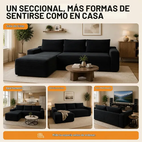 Vista 8 de Sofá seccional negro de 96.9 pulgadas, sofá modular de pana sin hueso con resortes y espuma de alta resistencia, asiento profundo compacto de gran