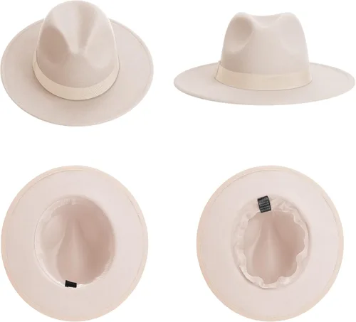 Vista 4 de Wide Brim Fedora Hats for Women & Men Classic Dress Panama Hat Adjustable Felt Hat with Band Todo beige.