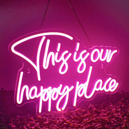 Vista 9 de NOSUN Letrero de neón con texto en inglés «This is Our Happy Place» para decoración de pared, letras coloridas y alegres, luces LED de neón con USB