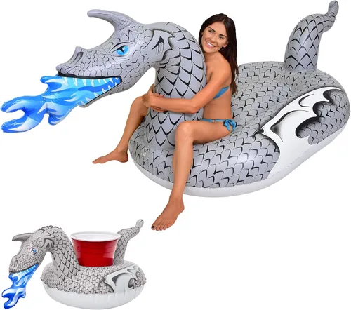 Vista 8 de GoFloats Flotadores inflables gigantes para piscina, elige unicornio, dragón, flamenco, cisne o toro, incluye flotador de bebida