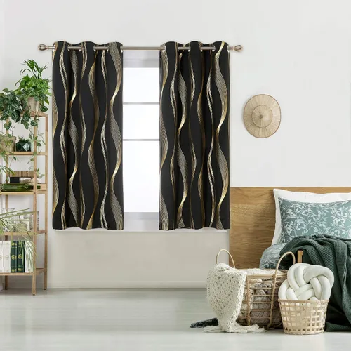 Vista 2 de Deconovo Cortinas opacas con aislamiento térmico, reducción de ruido, para dormitorio, sala de estar, 2 paneles, negro/onda, 42 pulgadas de ancho x