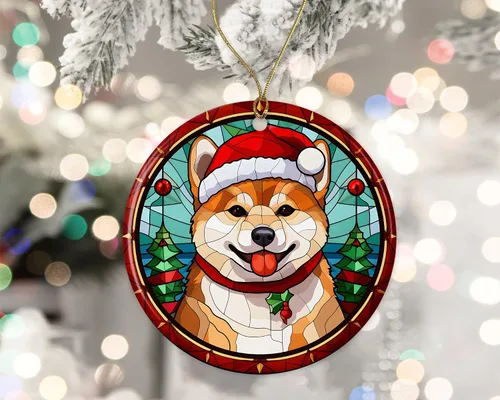Vista 2 de Shiba Inu - Adorno de cerámica de vitrales de Navidad, decoración para colgar en el árbol, regalo religioso para perros para cristianos impreso