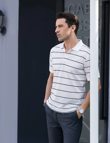 Vista 2 de COOFANDY Polo de manga corta para hombre, ajuste clásico, casual, ligero, a rayas, atlético, de golf