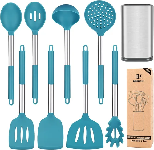 Vista 12 de Juego de utensilios de cocina de silicona, 8 utensilios de cocina antiadherentes con mango de acero inoxidable, herramientas de cocina resistentes