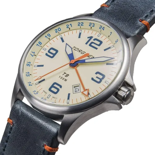 Vista 2 de Torgoen T9 Cream GMT - Reloj Pilot para hombre, cuarzo suizo, cristal mineral con correa de cuero azul, Azul Patchwork