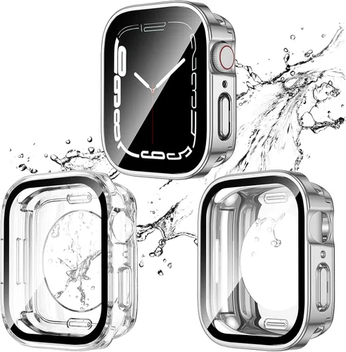 Vista 19 de Paquete de 2 fundas impermeables 2 en 1 para Apple Watch Series SE SE 6 5 4 40mm, borde recto de PC frontal y trasero con protector de pantalla