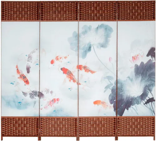 Vista 4 de MyGift Pantalla de división de pared de divisor de madera tejida de 4 paneles con diseño de estanque de loto y peces Koi