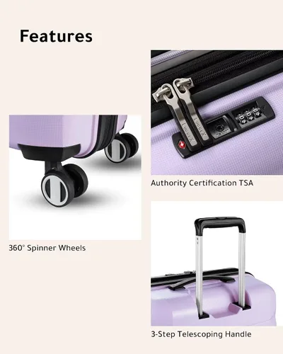 Vista 9 de LUGGEX Maleta de mano púrpura con ruedas giratorias, maleta ligera PP de 2 piezas, expandible, Violeta, Equipaje