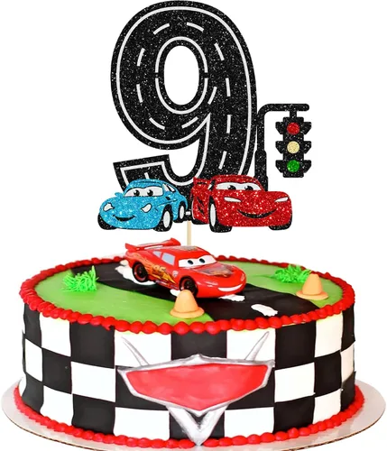 Vista 13 de Ephlyn 1 pieza de decoración para tarta de primer cumpleaños de coche de carreras con purpurina, decoración de tarta 1er cumpleaños para bandera a