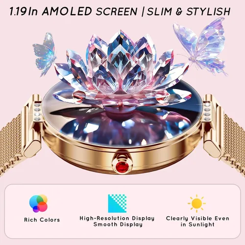 Vista 6 de AMOLED - Reloj inteligente para mujer con pantalla pequeña de 1.19 pulgadas para teléfonos iPhone / Android con llamada Bluetooth, frecuencia