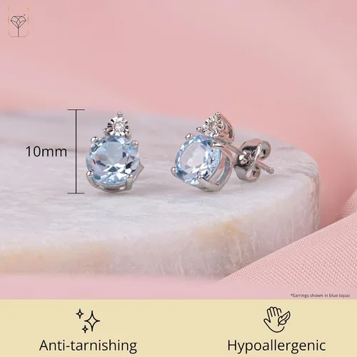 Vista 3 de Gemstone and Diamond Accent Halo Round Stud Earrings for Women in 925 Sterling Silver 7mm Birthstone with Push Backs by MAX + STONE