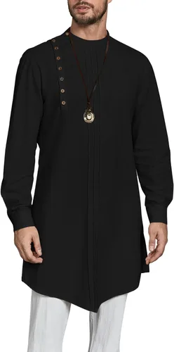 Vista 9 de Kaftan Thobe - Bata de manga larga para hombre, casual, algodón, lino, con botones, camisa musulmana Blanco