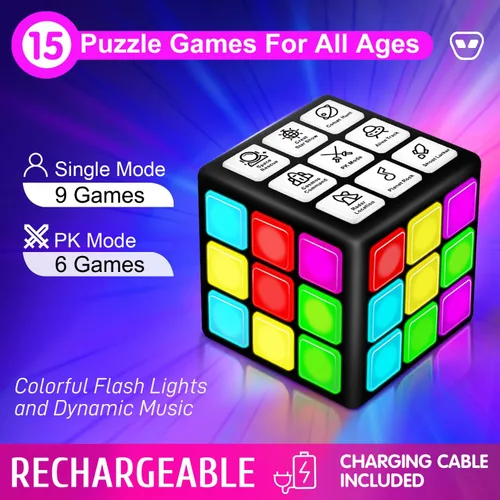 Vista 2 de Xinbeiya Cubo de Juego Portátil Recargable - 15 Divertidos Juegos de Cerebro y Memoria con Pantalla de Puntuación - Regalos de Navidad, Pascua