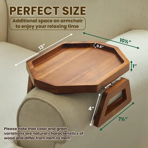 Vista 2 de Tinamo Bandeja para apoyabrazos de sofá octagonal de acacia, mesa de reposabrazos de sofá con brazos plegables - Caddy para sillón, bandeja con clip