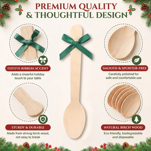 Vista 2 de Umigy 100 Pcs Christmas Wooden Spoons Disposable 5.5'',Bow
