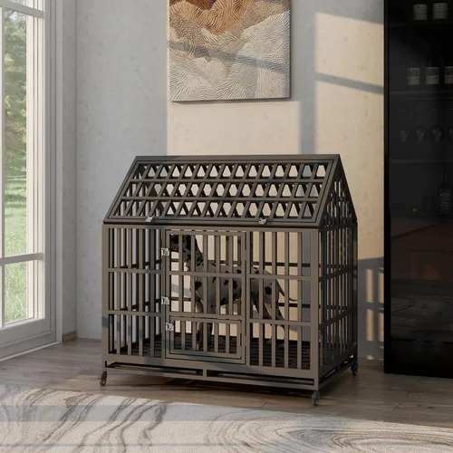 Vista 8 de Jaula grande para perros, jaula de hierro galvanizado resistente de 47 pulgadas para perros, muebles con puerta delantera, puerta superior y 4
