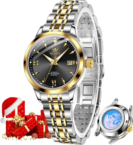Vista 10 de OLEVS - Reloj automático para mujer de oro, lujo con diamante, de cuerda automática, relojes de pulsera para damas impermeables, luminosos, con fecha