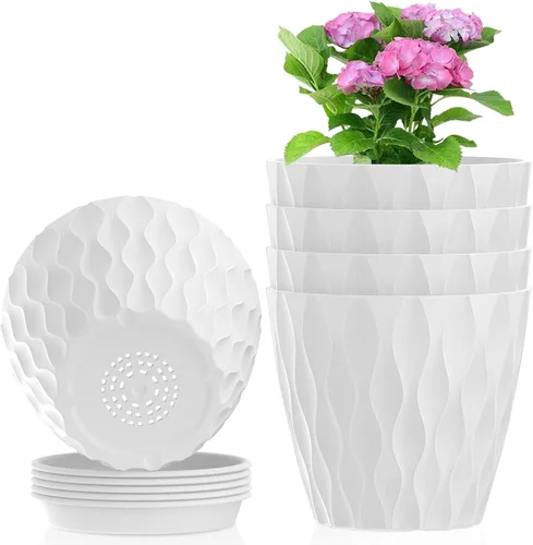 Vista 19 de Meowell Macetas pequeñas de plástico de 4 pulgadas, macetas de plántulas, juego de 5 macetas de ondas de agua para plantas de interior, macetas