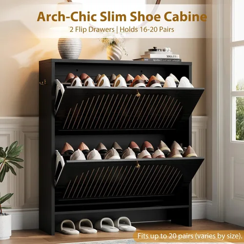 Vista 3 de Nicetree Arch-Chic - Armario de zapatos para entrada, moderno gabinete de almacenamiento de zapatos de mediados de siglo con estriado y estrecho