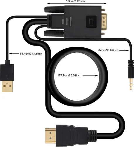 Vista 7 de VCOM Cable VGA a HDMI de 6 pies, adaptador VGA a HDMI con alimentación USB y audio, salida de fuente VGA de PC de 1080 p a 60 Hz a TV/monitor