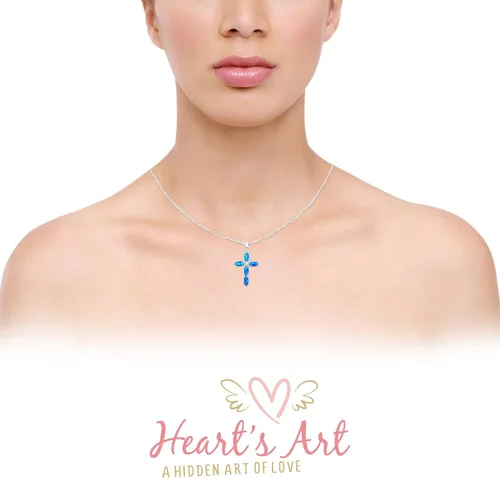 Vista 3 de Heart's Art - Colgante de ópalo de fuego en forma de cruz clásica, cadena ajustable de plata de ley de 45 a 19.7 in, collar de cruz de ópalo