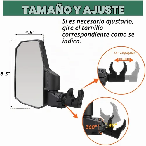 Vista 4 de SHEJISI Espejos laterales UTV: se adapta a casi todos los UTV (excepto puertas completas), compatible con Polaris RZR Ranger, Can am Commander