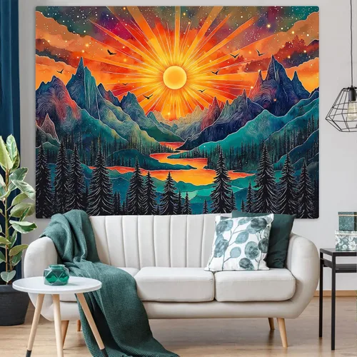 Vista 18 de Zussun Tapiz de hongo rojo, tapices de luna y estrella para dormitorio, estética de color beige, noche estrellada, planta verde, tapiz de pared