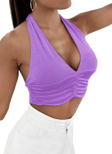Vista 3 de Camiseta LYANER para mujer, con cuello en V ancho, estilo halter, con espalda al aire y sin mangas