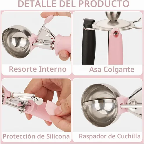 Vista 3 de Paquete de 2 cucharadas de helado para masa de galletas con gatillo mango rosa para masa de galletas, magdalenas, masa de helado, control