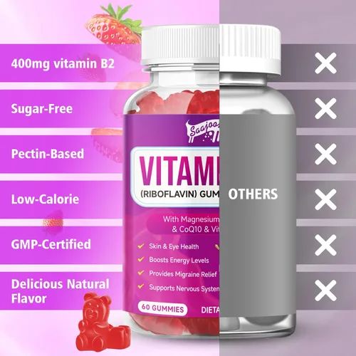 Vista 6 de Gomitas de vitamina B2, riboflavina de 400 mg con magnesio y CoQ10 y vitaminas para niños y adultos, alivio de migraña y alivio del dolor de cabeza