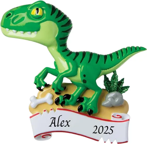 Vista 7 de Adorno de árbol de Navidad personalizado 2024 para niños, dinosaurio verde, adorno personalizado de Feliz Navidad, recuerdo de dinosaurio para niños
