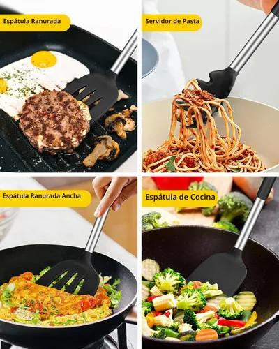 Vista 3 de Juego de utensilios de cocina de silicona, 8 utensilios de cocina antiadherentes con mango de acero inoxidable, herramientas de cocina resistentes
