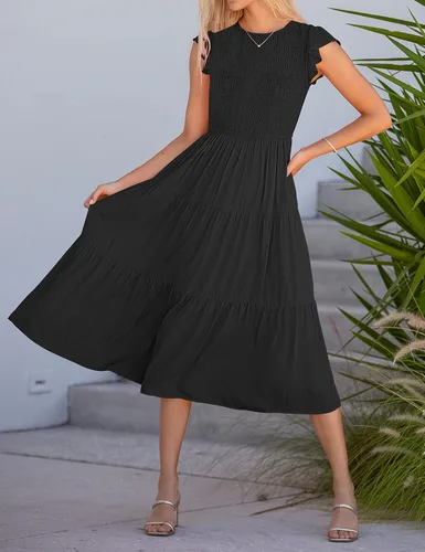 Vista 5 de MEROKEETY - Vestido midi fruncido de manga corta para mujer, vestido de verano casual, acampanado, con cintura elástica y escalonado