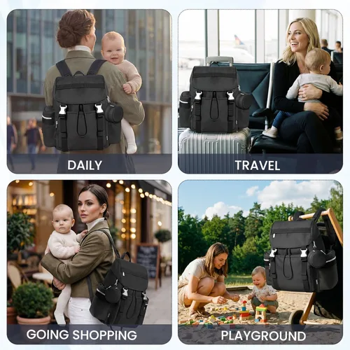 Vista 2 de Mochila para pañales con cambiador, funda para chupete y correas para cochecito, bolsillos aislados, resistentes al agua, artículos esenciales