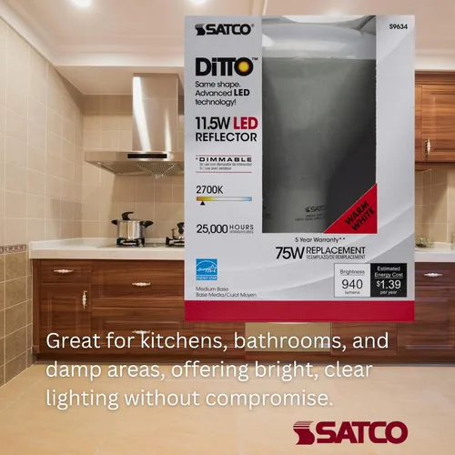Vista 7 de Satco Bombilla LED S9634 BR40 de 11.5 W, 2700 K blanco cálido, 940 lúmenes, ángulo de haz 103, regulable, base mediana E26, paquete de 6