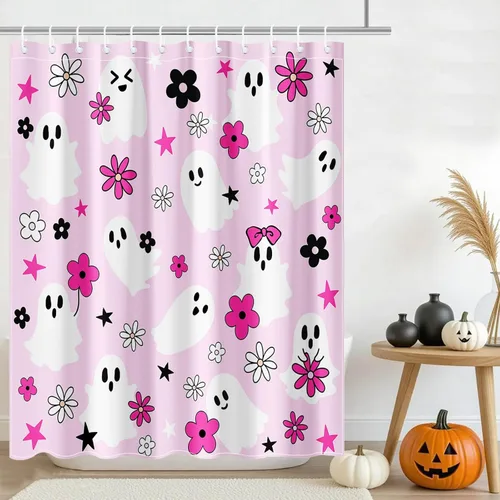 Vista 6 de Mocsicka Cortina de ducha rosa de Halloween, bonita decoración de baño de fantasma, cortina de ducha de fantasma floral genial, cortina de baño