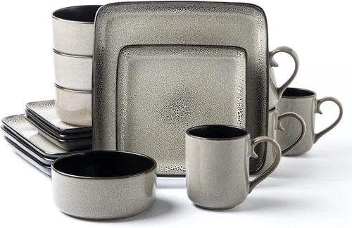 Vista 11 de ARORA SKUGGA Juego de vajilla redonda de cerámica de 16 piezas de 4, platos, platos pequeños, cuencos y tazas - Negro mate (472979)