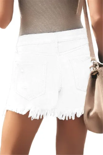 Vista 3 de MODARANI Pantalones cortos de mezclilla recortados para mujer, pantalones cortos desgastados deshilachados, de tiro medio, rasgados, cómodos