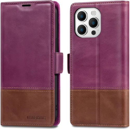 Vista 18 de KEZiHOME Funda para iPhone 15, de piel auténtica, bloqueo RFID, carcasa interior de TPU, cierre magnético, ranura para tarjetas, a prueba de golpes