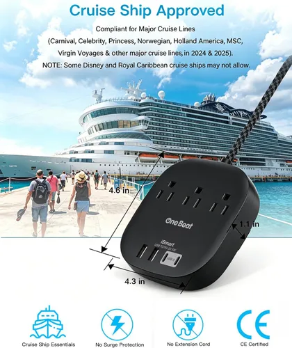 Vista 6 de Cruise Ship Travel Essentials, tira de alimentación de enchufe plano de 22.5 W/4.5 A, cable de extensión plano de 3 pies, 3 tomas de corriente, 4