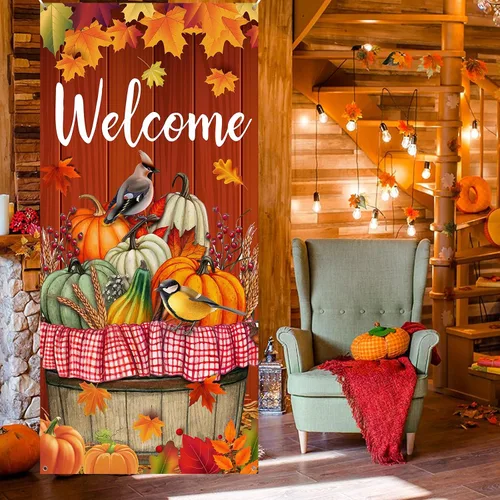 Vista 2 de Cartel de puerta de Acción de Gracias, decoración grande para puerta de otoño, pájaro, calabaza, telón de fondo, suministros de fiesta para cosecha