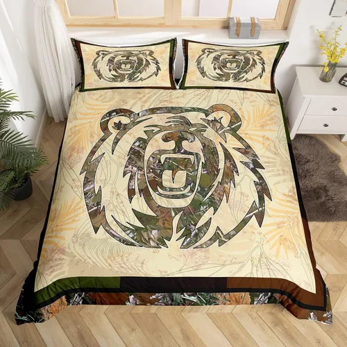 Vista 12 de Funda de edredón de cabaña marrón retro, juego de ropa de cama de retazos con diseño de oso del bosque, ciervos para cabaña rústica, funda de Multi